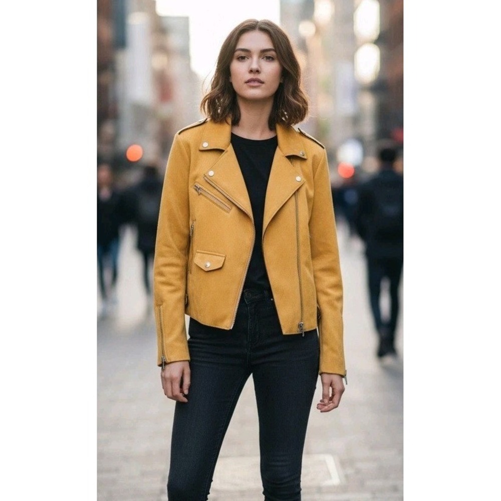Only Our Story Faux Suede Jacket Womens Sz 42 Bikers Moto Zip Pockets Yellow NWT